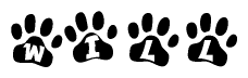 The image shows a series of animal paw prints arranged horizontally. Within each paw print, there's a letter; together they spell Will