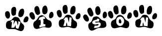 The image shows a series of animal paw prints arranged horizontally. Within each paw print, there's a letter; together they spell Winson