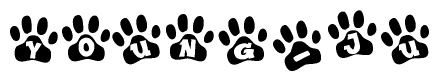 The image shows a series of animal paw prints arranged in a horizontal line. Each paw print contains a letter, and together they spell out the word Young-ju.