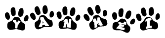 The image shows a row of animal paw prints, each containing a letter. The letters spell out the word Yanmei within the paw prints.