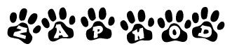 The image shows a series of animal paw prints arranged in a horizontal line. Each paw print contains a letter, and together they spell out the word Zaphod.
