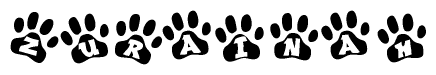 The image shows a series of animal paw prints arranged horizontally. Within each paw print, there's a letter; together they spell Zurainah