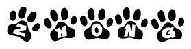 The image shows a series of animal paw prints arranged horizontally. Within each paw print, there's a letter; together they spell Zhong