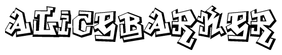The image is a stylized representation of the letters Alicebarker designed to mimic the look of graffiti text. The letters are bold and have a three-dimensional appearance, with emphasis on angles and shadowing effects.