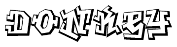 The clipart image depicts the word Donkey in a style reminiscent of graffiti. The letters are drawn in a bold, block-like script with sharp angles and a three-dimensional appearance.