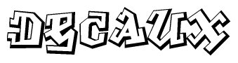 The clipart image depicts the word Decaux in a style reminiscent of graffiti. The letters are drawn in a bold, block-like script with sharp angles and a three-dimensional appearance.