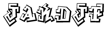 The image is a stylized representation of the letters Jakdjf designed to mimic the look of graffiti text. The letters are bold and have a three-dimensional appearance, with emphasis on angles and shadowing effects.