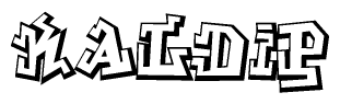 The clipart image depicts the word Kaldip in a style reminiscent of graffiti. The letters are drawn in a bold, block-like script with sharp angles and a three-dimensional appearance.