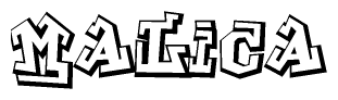 The clipart image depicts the word Malica in a style reminiscent of graffiti. The letters are drawn in a bold, block-like script with sharp angles and a three-dimensional appearance.