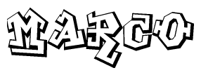 The clipart image depicts the word Marco in a style reminiscent of graffiti. The letters are drawn in a bold, block-like script with sharp angles and a three-dimensional appearance.
