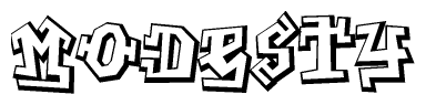The clipart image depicts the word Modesty in a style reminiscent of graffiti. The letters are drawn in a bold, block-like script with sharp angles and a three-dimensional appearance.