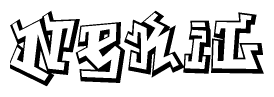 The clipart image depicts the word Nekil in a style reminiscent of graffiti. The letters are drawn in a bold, block-like script with sharp angles and a three-dimensional appearance.