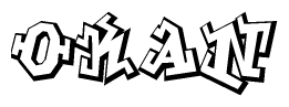 The clipart image depicts the word Okan in a style reminiscent of graffiti. The letters are drawn in a bold, block-like script with sharp angles and a three-dimensional appearance.