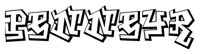 The image is a stylized representation of the letters Penneyr designed to mimic the look of graffiti text. The letters are bold and have a three-dimensional appearance, with emphasis on angles and shadowing effects.
