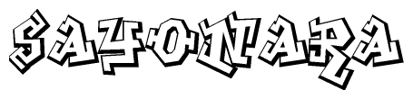 The image is a stylized representation of the letters Sayonara designed to mimic the look of graffiti text. The letters are bold and have a three-dimensional appearance, with emphasis on angles and shadowing effects.