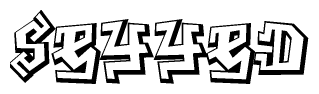 The clipart image depicts the word Seyyed in a style reminiscent of graffiti. The letters are drawn in a bold, block-like script with sharp angles and a three-dimensional appearance.
