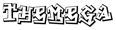 The image is a stylized representation of the letters Themega designed to mimic the look of graffiti text. The letters are bold and have a three-dimensional appearance, with emphasis on angles and shadowing effects.