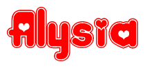 The image is a red and white graphic with the word Alysia written in a decorative script. Each letter in  is contained within its own outlined bubble-like shape. Inside each letter, there is a white heart symbol.