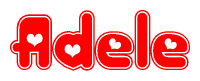 The image is a red and white graphic with the word Adele written in a decorative script. Each letter in  is contained within its own outlined bubble-like shape. Inside each letter, there is a white heart symbol.