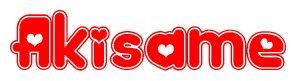 The image is a clipart featuring the word Akisame written in a stylized font with a heart shape replacing inserted into the center of each letter. The color scheme of the text and hearts is red with a light outline.