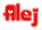 The image displays the word Alej written in a stylized red font with hearts inside the letters.