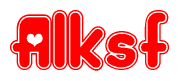 The image is a clipart featuring the word Alksf written in a stylized font with a heart shape replacing inserted into the center of each letter. The color scheme of the text and hearts is red with a light outline.