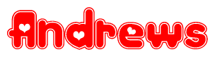 The image is a clipart featuring the word Andrews written in a stylized font with a heart shape replacing inserted into the center of each letter. The color scheme of the text and hearts is red with a light outline.