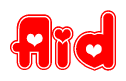 The image is a clipart featuring the word Aid written in a stylized font with a heart shape replacing inserted into the center of each letter. The color scheme of the text and hearts is red with a light outline.