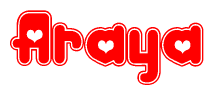 The image is a clipart featuring the word Araya written in a stylized font with a heart shape replacing inserted into the center of each letter. The color scheme of the text and hearts is red with a light outline.
