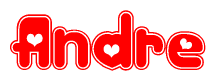 The image is a clipart featuring the word Andre written in a stylized font with a heart shape replacing inserted into the center of each letter. The color scheme of the text and hearts is red with a light outline.