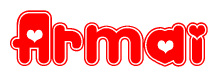 The image is a clipart featuring the word Armai written in a stylized font with a heart shape replacing inserted into the center of each letter. The color scheme of the text and hearts is red with a light outline.