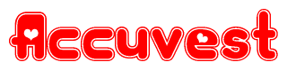 The image is a clipart featuring the word Accuvest written in a stylized font with a heart shape replacing inserted into the center of each letter. The color scheme of the text and hearts is red with a light outline.