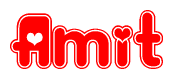 The image is a red and white graphic with the word Amit written in a decorative script. Each letter in  is contained within its own outlined bubble-like shape. Inside each letter, there is a white heart symbol.