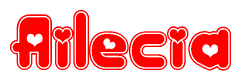 The image is a red and white graphic with the word Ailecia written in a decorative script. Each letter in  is contained within its own outlined bubble-like shape. Inside each letter, there is a white heart symbol.