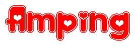 The image is a red and white graphic with the word Amping written in a decorative script. Each letter in  is contained within its own outlined bubble-like shape. Inside each letter, there is a white heart symbol.