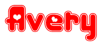 The image is a clipart featuring the word Avery written in a stylized font with a heart shape replacing inserted into the center of each letter. The color scheme of the text and hearts is red with a light outline.