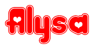 The image is a red and white graphic with the word Alysa written in a decorative script. Each letter in  is contained within its own outlined bubble-like shape. Inside each letter, there is a white heart symbol.