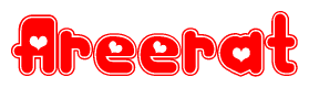 The image is a red and white graphic with the word Areerat written in a decorative script. Each letter in  is contained within its own outlined bubble-like shape. Inside each letter, there is a white heart symbol.