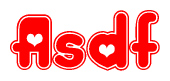 The image is a red and white graphic with the word Asdf written in a decorative script. Each letter in  is contained within its own outlined bubble-like shape. Inside each letter, there is a white heart symbol.
