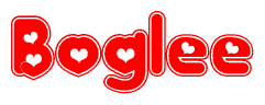 The image displays the word Boglee written in a stylized red font with hearts inside the letters.