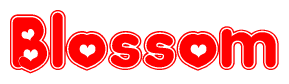 The image is a clipart featuring the word Blossom written in a stylized font with a heart shape replacing inserted into the center of each letter. The color scheme of the text and hearts is red with a light outline.