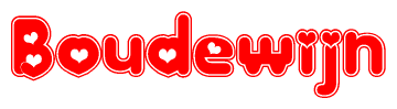 The image is a red and white graphic with the word Boudewijn written in a decorative script. Each letter in  is contained within its own outlined bubble-like shape. Inside each letter, there is a white heart symbol.