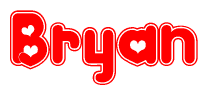 The image is a red and white graphic with the word Bryan written in a decorative script. Each letter in  is contained within its own outlined bubble-like shape. Inside each letter, there is a white heart symbol.