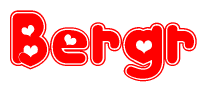 The image is a red and white graphic with the word Bergr written in a decorative script. Each letter in  is contained within its own outlined bubble-like shape. Inside each letter, there is a white heart symbol.