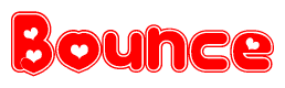 The image is a red and white graphic with the word Bounce written in a decorative script. Each letter in  is contained within its own outlined bubble-like shape. Inside each letter, there is a white heart symbol.