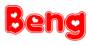 The image is a red and white graphic with the word Beng written in a decorative script. Each letter in  is contained within its own outlined bubble-like shape. Inside each letter, there is a white heart symbol.
