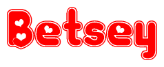 The image is a red and white graphic with the word Betsey written in a decorative script. Each letter in  is contained within its own outlined bubble-like shape. Inside each letter, there is a white heart symbol.