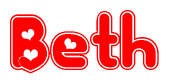 The image is a red and white graphic with the word Beth written in a decorative script. Each letter in  is contained within its own outlined bubble-like shape. Inside each letter, there is a white heart symbol.