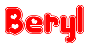 The image is a clipart featuring the word Beryl written in a stylized font with a heart shape replacing inserted into the center of each letter. The color scheme of the text and hearts is red with a light outline.