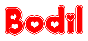 The image is a clipart featuring the word Bodil written in a stylized font with a heart shape replacing inserted into the center of each letter. The color scheme of the text and hearts is red with a light outline.